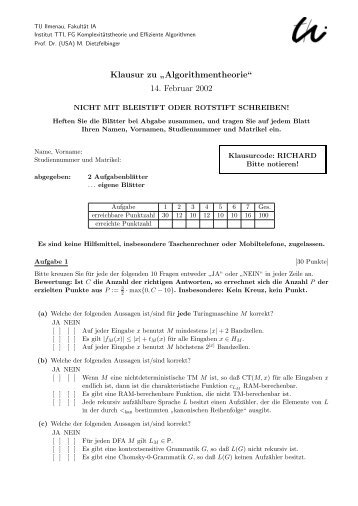 Klausur zu ” Algorithmentheorie“ 14. Februar 2002 - TU Ilmenau