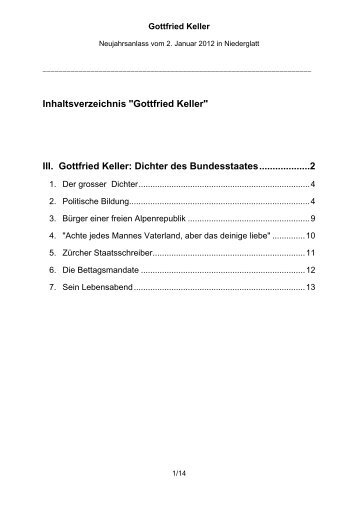 Inhaltsverzeichnis "Gottfried Keller" III. Gottfried Keller: Dichter des ...