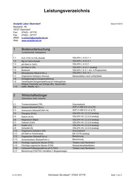 Leistungsverzeichnis Home Analytik Labor Oberndorf