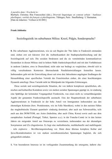 Soziolinguistik im suburbanen Milieu: Kreol, Pidgin, Sondersprache?