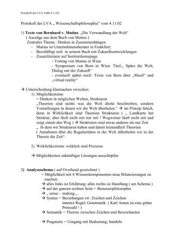 Protokoll der LVA „ Wissenschaftsphilosophie“ vom 4.11.02 1) Texte ...