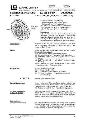 LA GARD Locks BV BEDIENUNGSANLEITUNG LG 66E-SUPRA ...