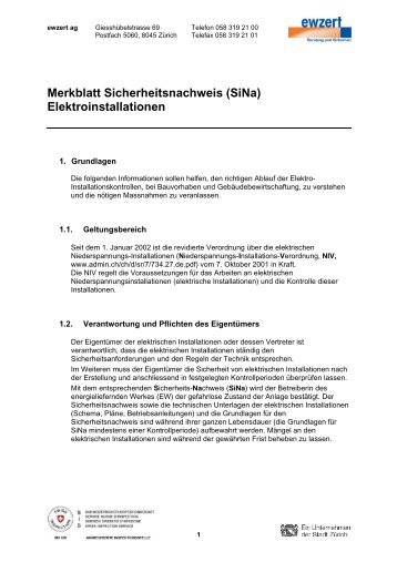 Merkblatt Sicherheitsnachweis (SiNa) Elektroinstallationen - ewzert ag