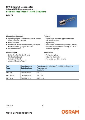 BPY 62 NPN-Silizium-Fototransistor Silicon NPN ... - Distrelec