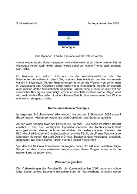 3. Monatsbericht Jinotega, November 2008 Nicaragua Liebe ...