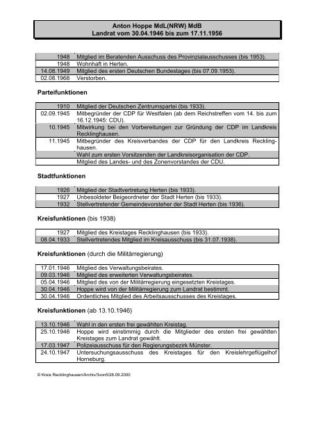 Die Landräte des Kreises Recklinghausen von 1816 bis 1999