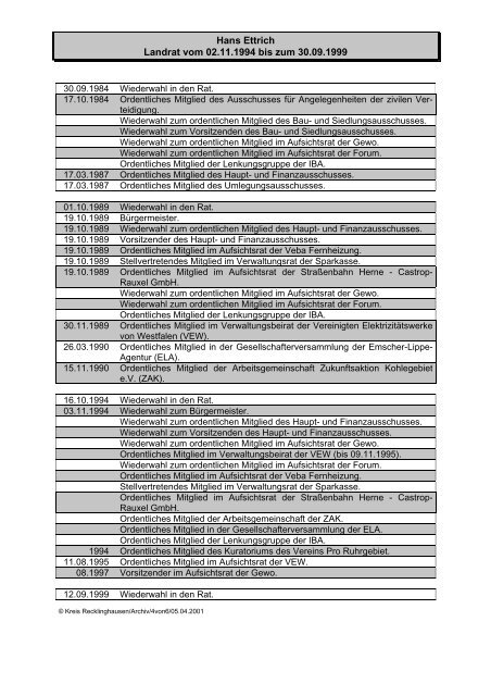 Die Landräte des Kreises Recklinghausen von 1816 bis 1999