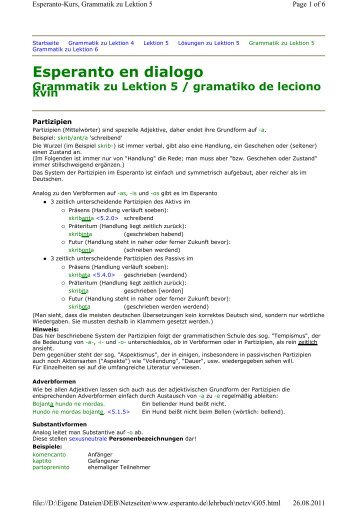 Esperanto en dialogo Grammatik zu Lektion 5 / gramatiko de leciono ...