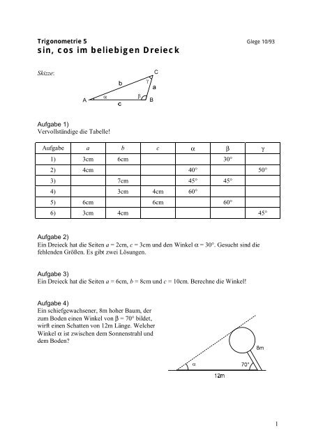 Sin Cos Im Beliebigen Dreieck Mathesite