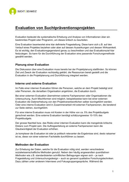 Evaluation von Suchtpräventionsprojekten - Sucht Schweiz