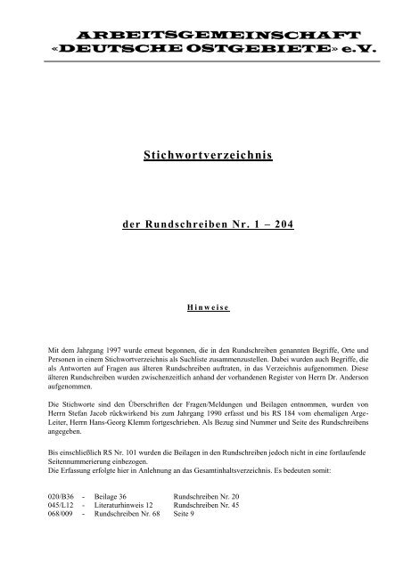 Stichwortverzeichnis - Arbeitsgemeinschaft "Deutsche Ostgebiete" eV