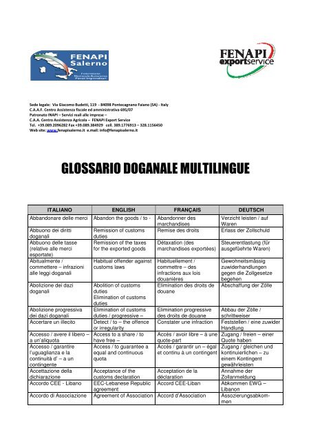 GLOSSARIO DOGANALE MULTILINGUE - fenapi salerno