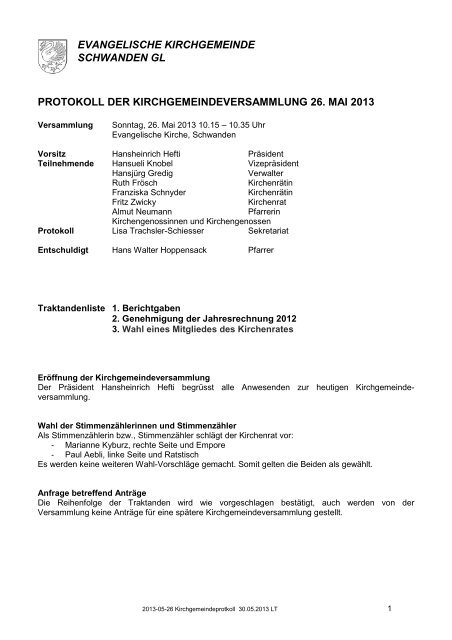 Protokoll der KGV 26. Mai 2013 - Evangelische Kirchgemeinde ...