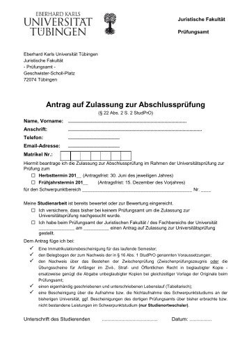 Antrag auf Zulassung zur Abschlussprüfung - Juristische Fakultät ...