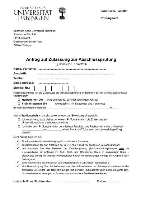 Antrag auf Zulassung zur Abschlussprüfung - Juristische Fakultät ...