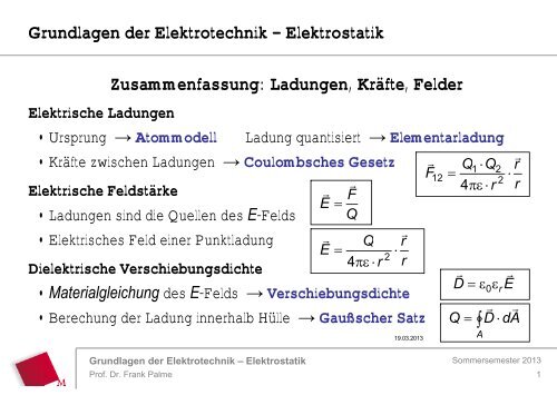 Zusammenfassung: Ladungen, Kräfte, Felder ... - Prof. Palme