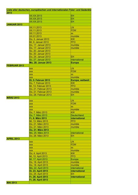 Liste Aller Deutschen Europaischen Und Internationalen Feier