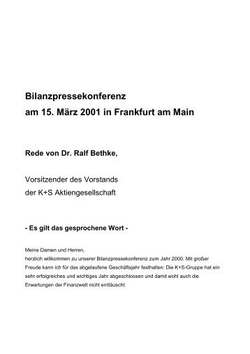 Redetext Dr. Ralf Bethke - K+S Aktiengesellschaft