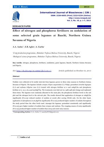 Effect of nitrogen and phosphorus fertilizers on nodulation of  some  selected  grain  legumes  at  Bauchi,  Northern  Guinea  Savanna of Nigeria 