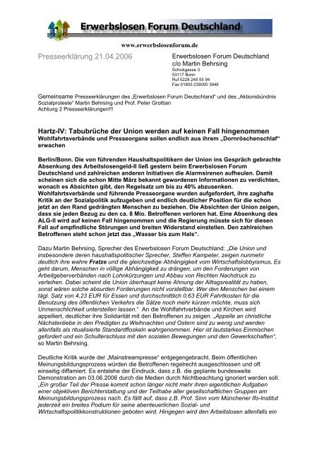 Presseerklärung 21.04.2006 - Erwerbslosen Forum Deutschland