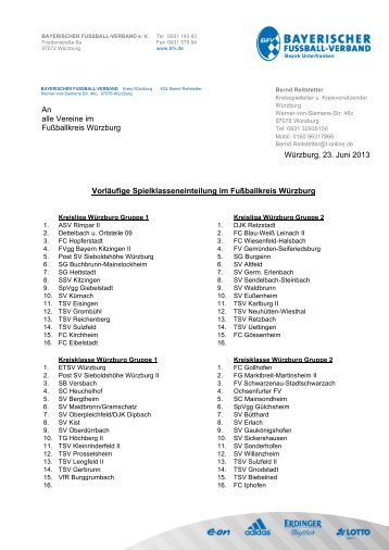 Vorläufige Spielklasseneinteilung Kreis Würzburg - SV Hüttenheim