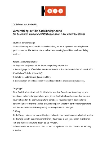 Vorbereitung auf die Sachkundeprüfung - BIB Augsburg gGmbH