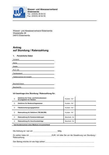 Antrag auf Stundung / Ratenzahlung - Wasser- und ...