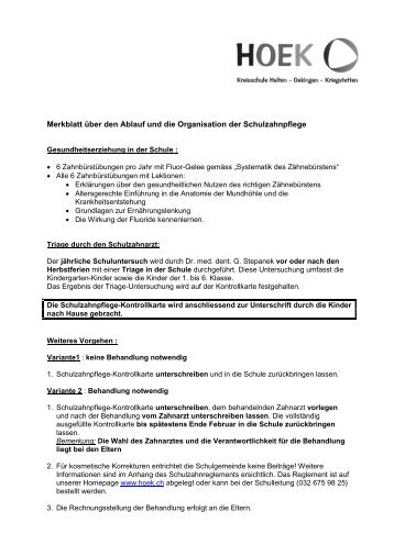 Merkblatt über den Ablauf und die Organisation der Schulzahnpflege