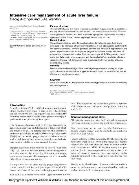 Intensive care management of acute liver failure - UBC Critical Care ...