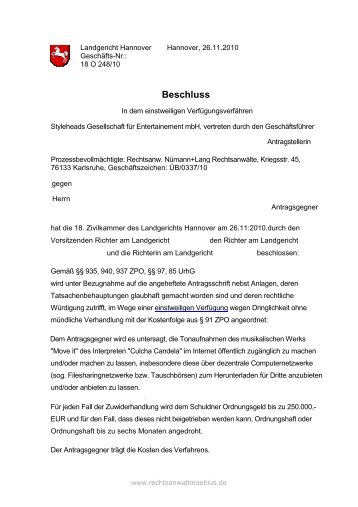 Landgericht Hannover, Beschluss 18 O 248/10 Filesharing Streitwert