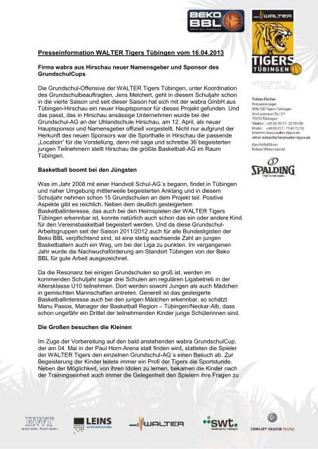 Presseinformationen WALTER Tigers Tübingen - SV 03 Tübingen