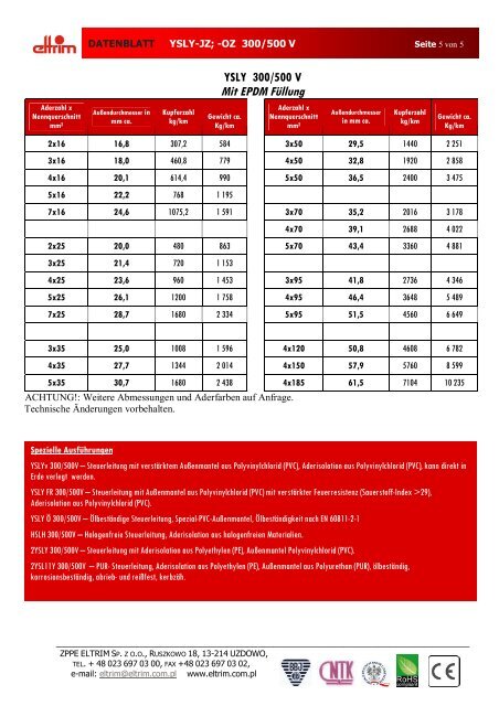 DATENBLATT YSLY-JZ; -OZ 300/500 V YSLY-OZ (300/500 V) - Eltrim