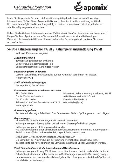 Gebrauchsinformation Kaliumpermanganatlösung 1% SR - PKH Halle