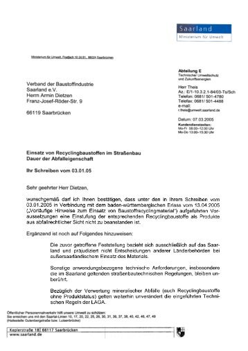 Verband der Baustoffindustrie Saarland e. V. Herrn Armin Dietzen ...