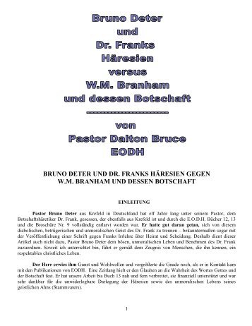 Bruno Deter Und Dr. Franks Versus W.M. Branham Und Botschaft