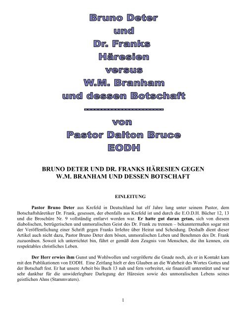 Bruno Deter Und Dr. Franks Versus W.M. Branham Und Botschaft