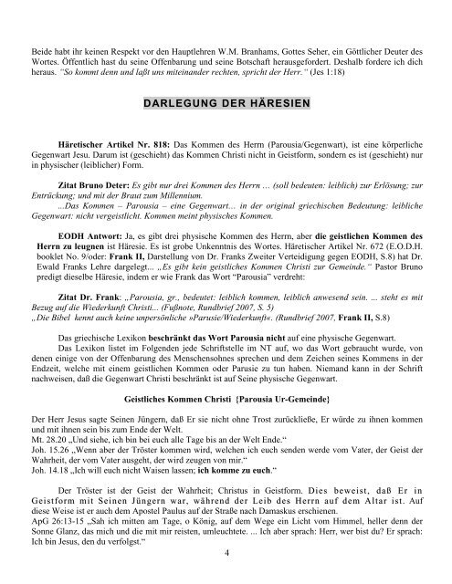 Bruno Deter Und Dr. Franks Versus W.M. Branham Und Botschaft