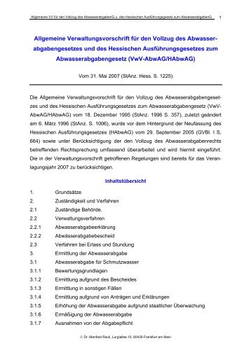 Allgemeine Verwaltungsvorschrift für den Vollzug des Abwasser ...