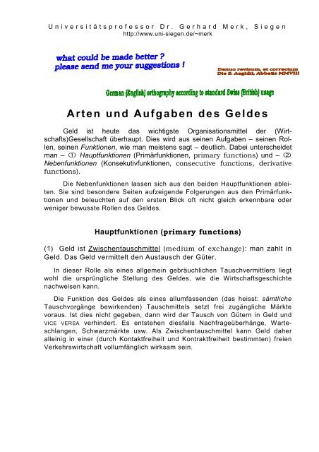 Arten und Aufgaben des Geldes - Korbmacher