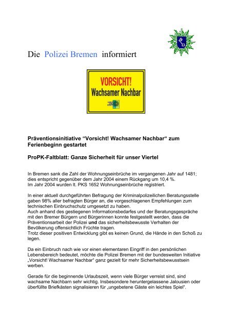 Wachsamer Nachbar - Polizei Bremen