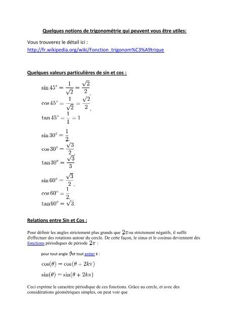 Quelques notions de trigonométrie qui peuvent vous être utiles ...