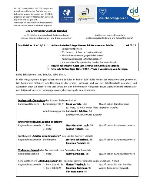 8. Schulbrief vom 08.03.2012 - CJD Christophorusschule Droyßig