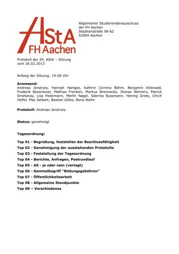 Allgemeiner Studierendenausschuss der FH Aachen Stephanstraße ...