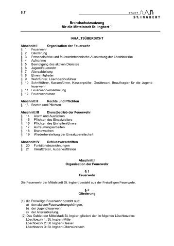 6.7 Brandschutzsatzung für die Mittelstadt St. Ingbert 1)