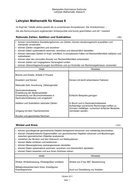 Lehrplan Mathematik für Klasse 6 - Markgrafen-Gymnasium ...