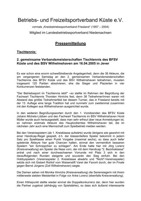 Pressemitteilung - Betriebs- und Freizeitsportverband Küste e.v.