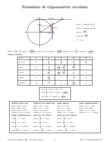 Formulaire de trigonométrie circulaire - Maths-france.fr