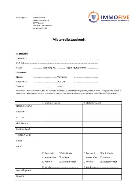 Mieterselbstauskunft Mieterselbstauskunft