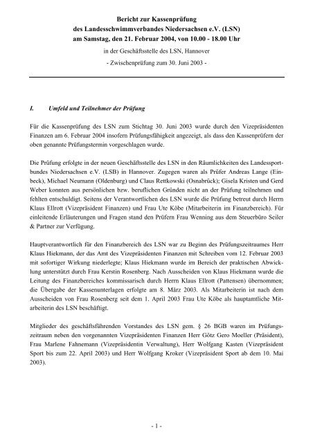 Bericht zur Kassenprüfung des LSN am 21. Februar 2004