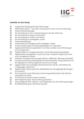 Checkliste vor dem Umzug Fristgerechte Kündigung des alten ... - IIG